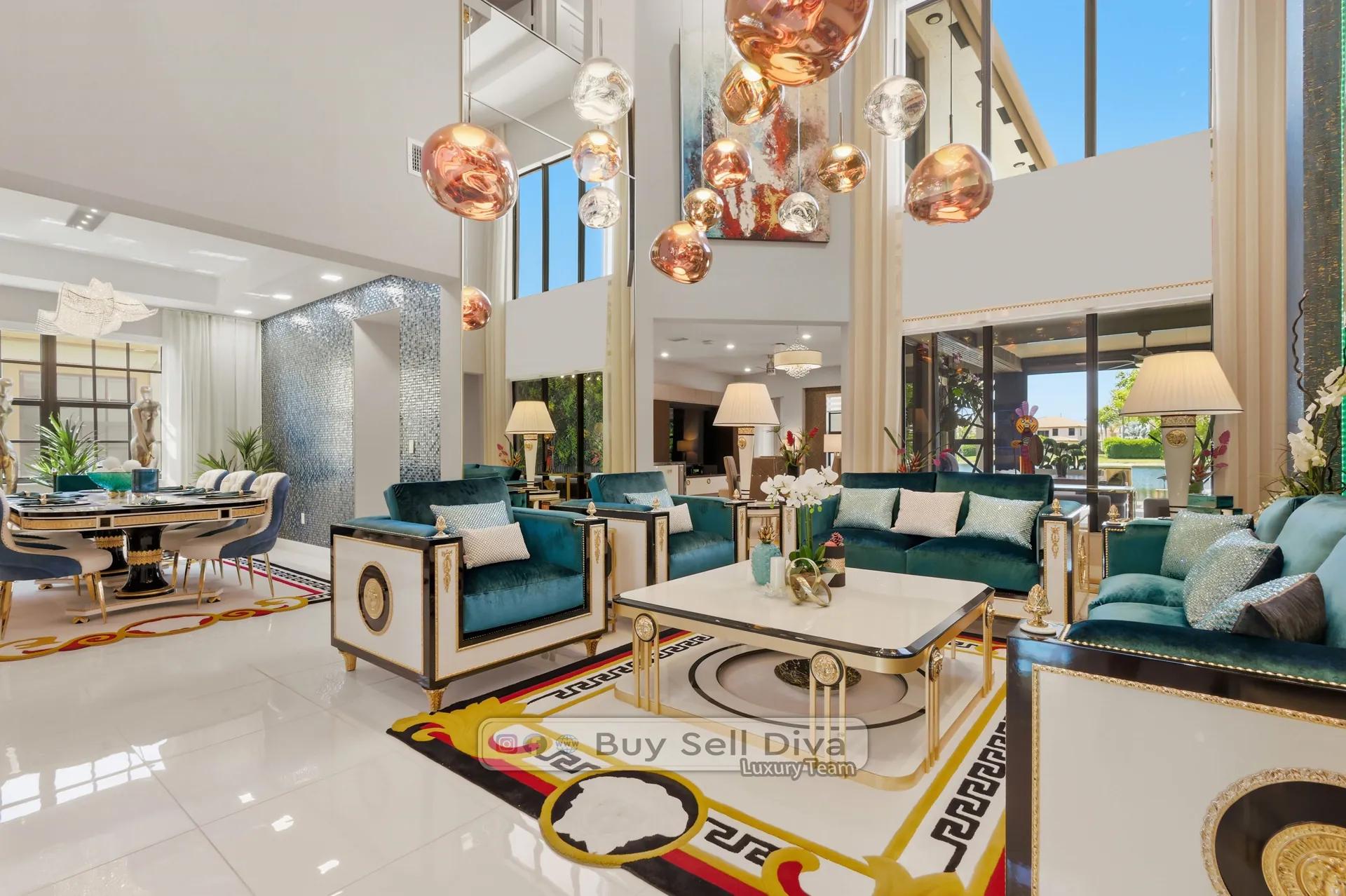 Luxury living room in Parkland FL estate: copper bubble chandelier and soaring two-story ceilings