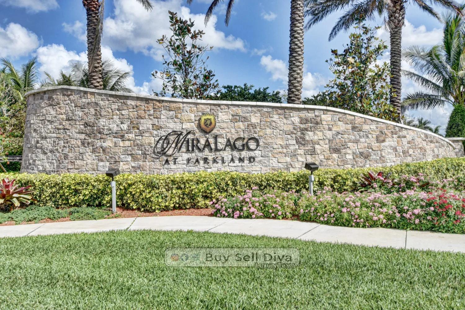 MiraLago at Parkland community monument sign, guard-gated luxury homes in northern Broward County