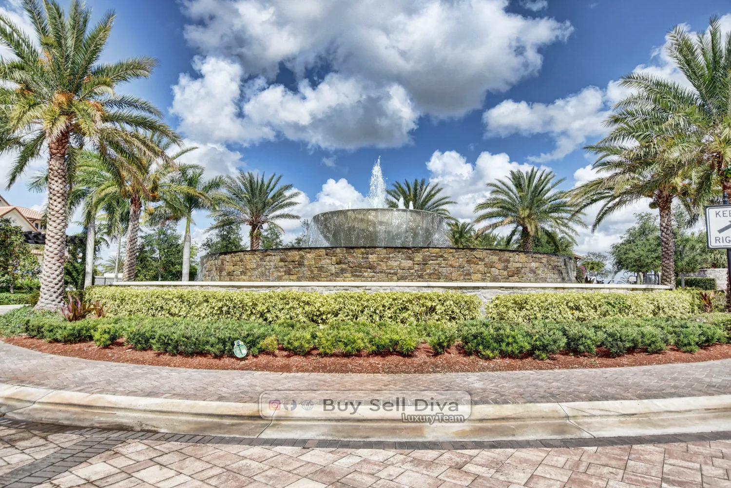 MiraLago at Parkland entrance fountain in guard-gated community roundabout