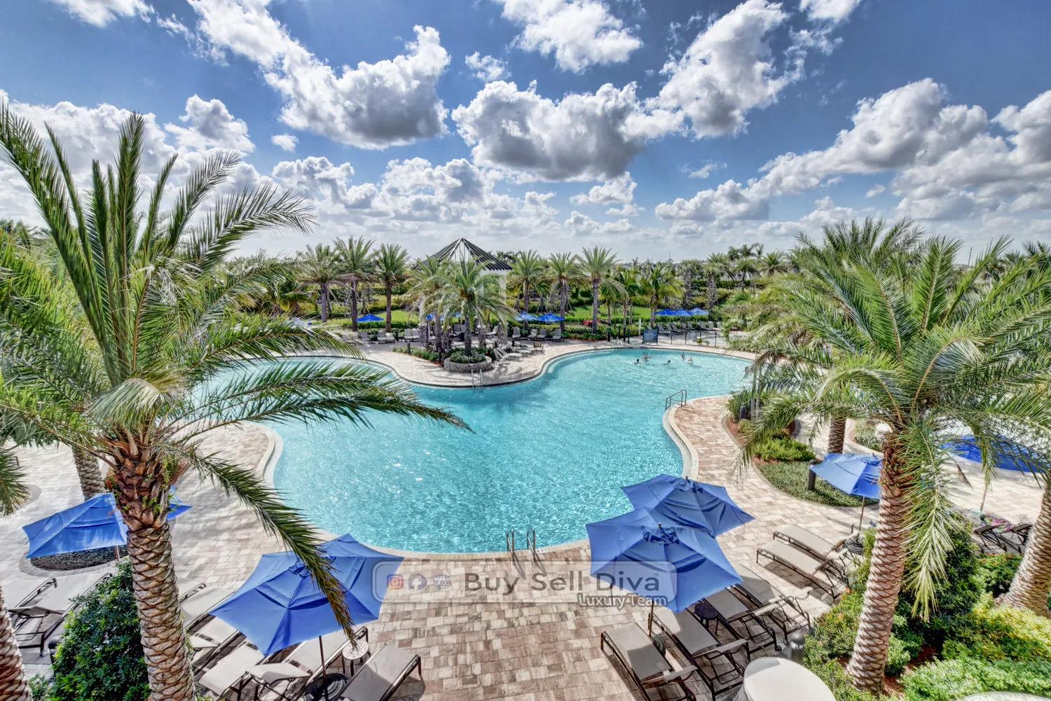 MiraLago at Parkland resort-style community pool with cabanas and palm trees